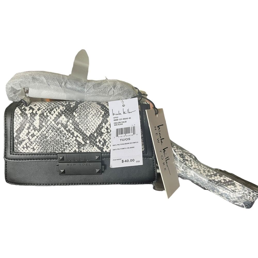Nicole Miller NY crossbody shoulder bag black white snake print flap close NWT - Picture 7 of 8